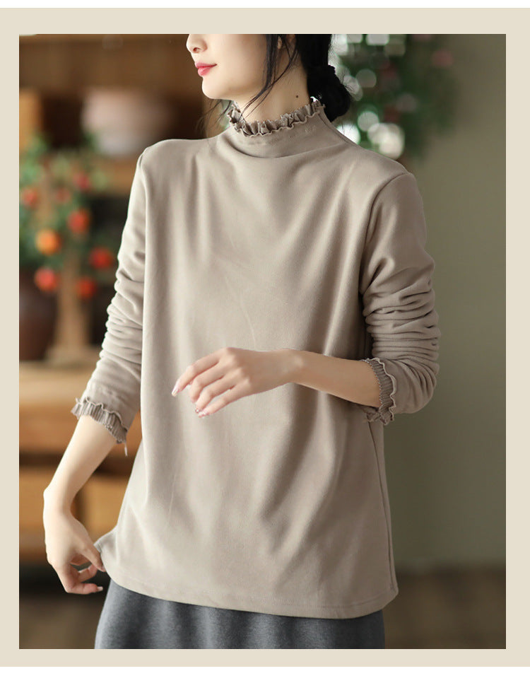 Long-sleeved Plus Fleece T-shirt With Retro Wooden Ears