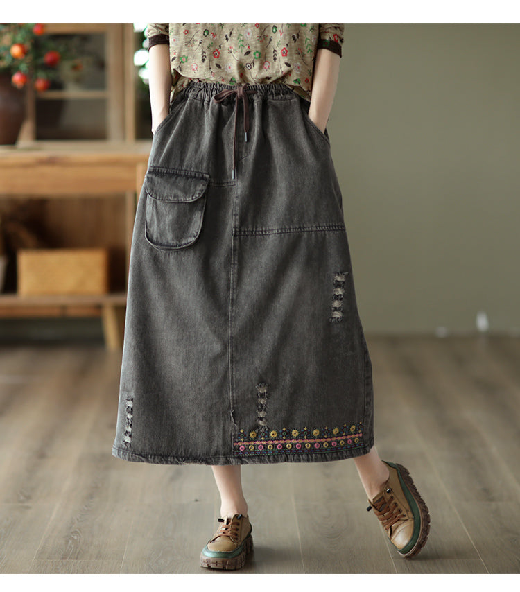 Embroidered Ripped Denim Slim A-line Skirt