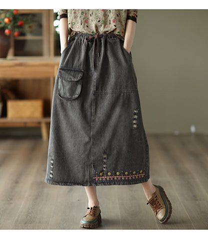 Embroidered Ripped Denim Slim A-line Skirt