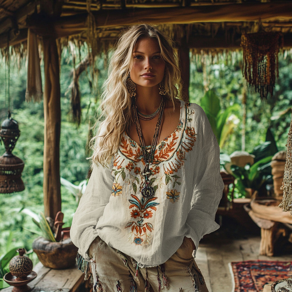 Vintage Bohemian Floral Embroidery Linen Blend Shirt elevenforest