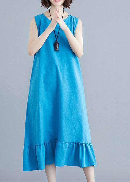 Blue Cotton Clothes for O Neck Sleeveless a Line Summer Dresses