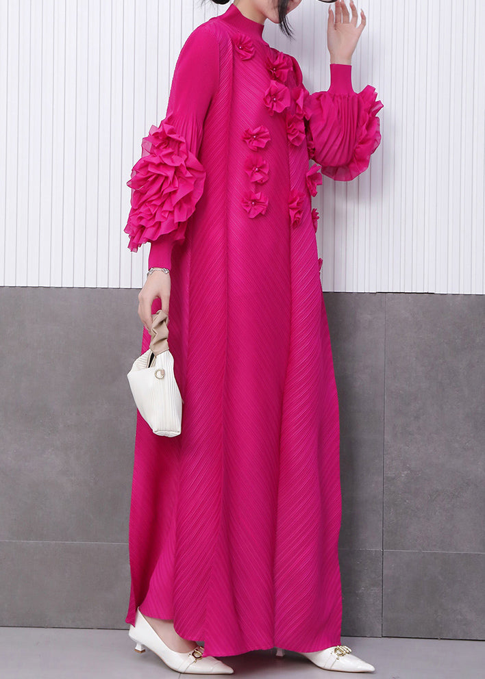 Rose Stand Collar Decorated Long Dresses Summer