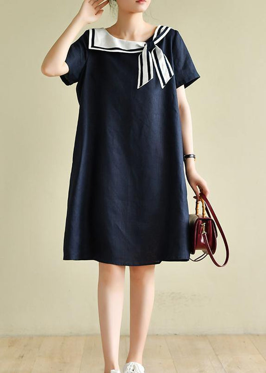 Navy Style Collar Short Sleeve Mid-length Dress