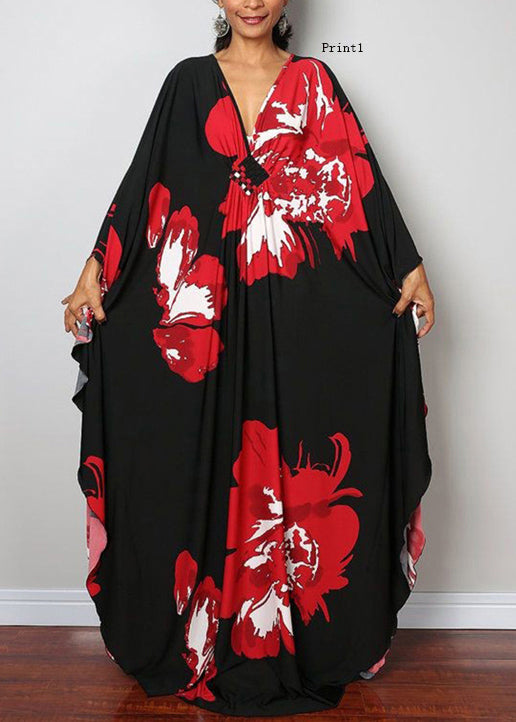 V Neck Print Cotton Long Robe Dress Summer