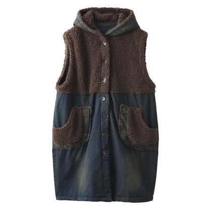 Lamb Wool Panel Denim Mid-length Vest Jacket