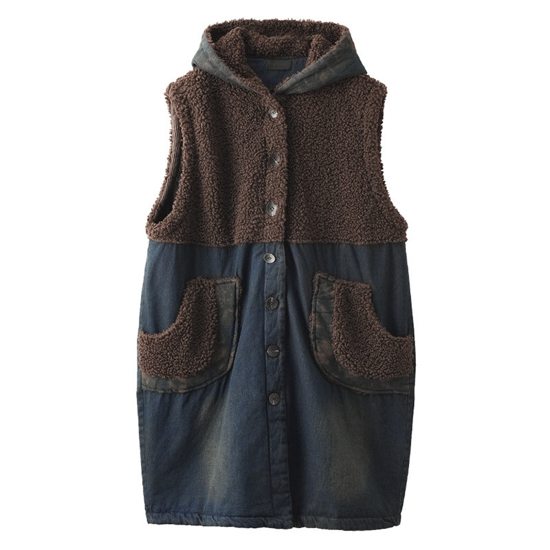 Lamb Wool Panel Denim Mid-length Vest Jacket