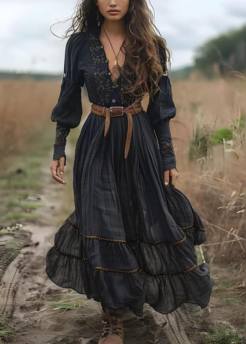 Black V Neck Print Wrinkled Cotton Long Dress Spring