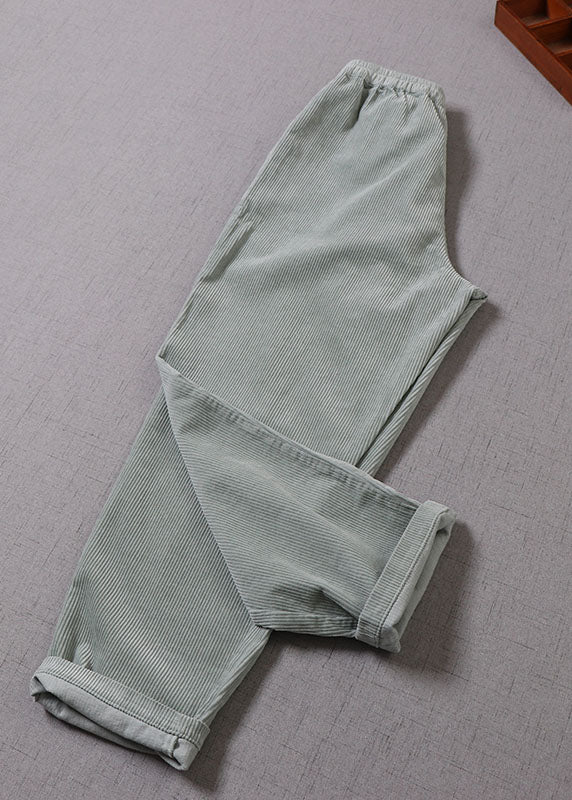 Light Green Pockets Corduroy Pants Winter