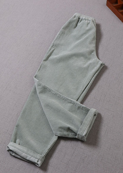Light Green Pockets Corduroy Pants Winter
