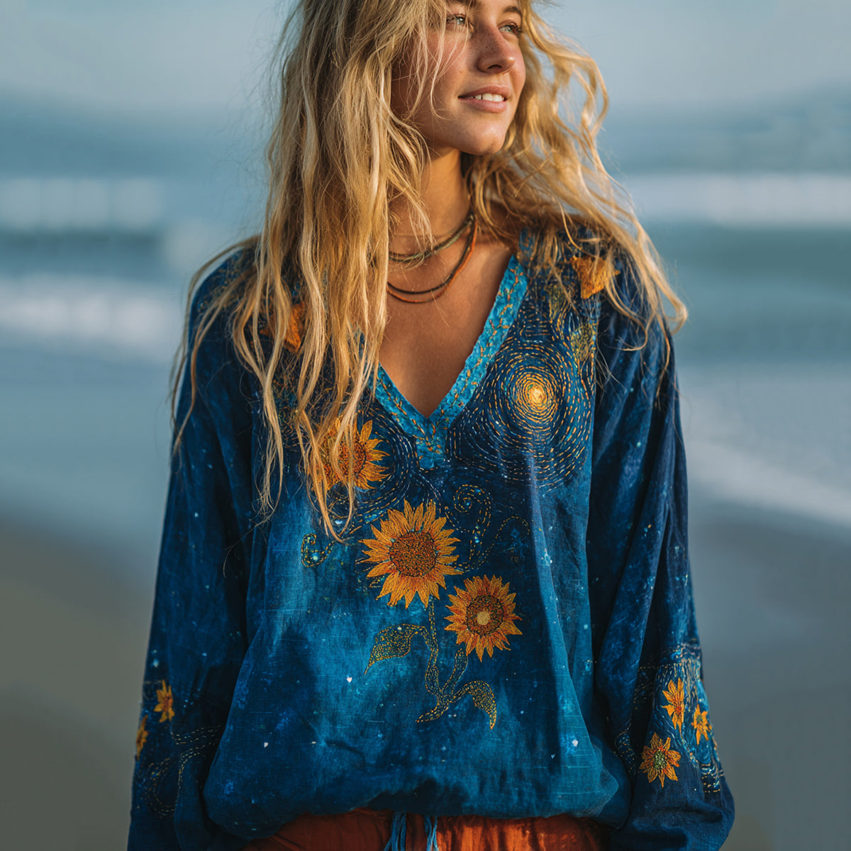 Women's Vintage Oil Painting Sunflower And Starry Night Embroidery V-neck Loose T-shirt