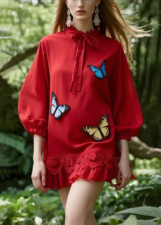 Red Tie Collar Butterfly Cotton Day Dress Summer