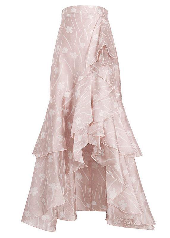 Pink Print Summer Ruffles Low High Design Skirt
