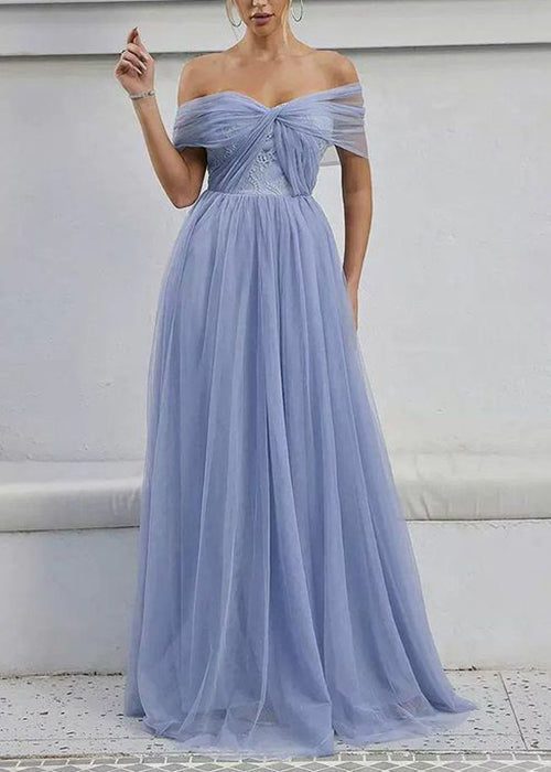 Blue Slash Neck High Waist Tulle Maxi Dress Summer