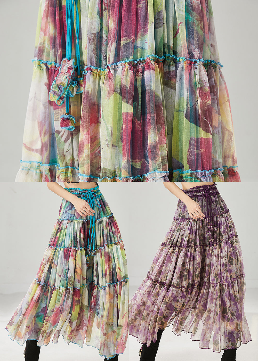 Blue Ruffled Print Chiffon Holiday Skirt Spring