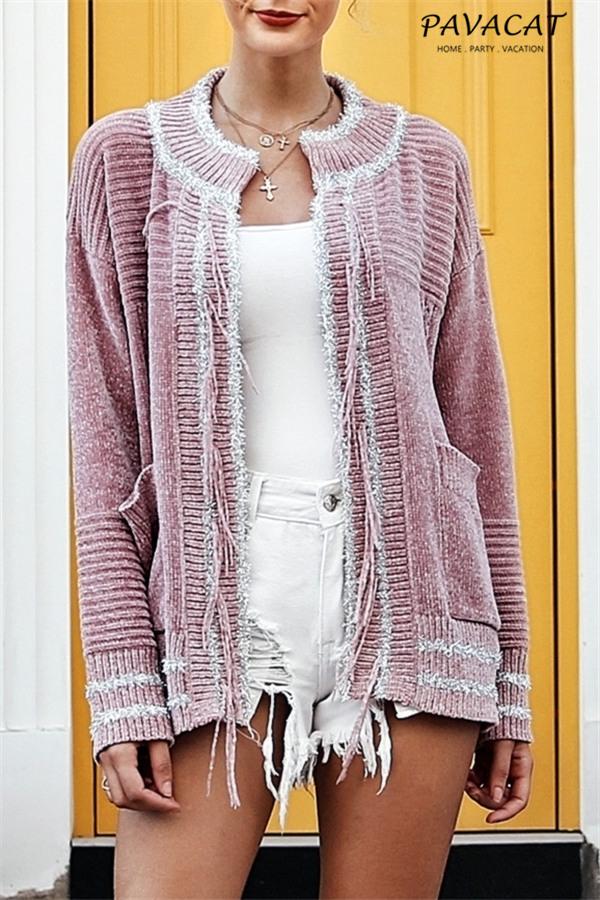 Chenille Tassel Pocket Sweater Cardigan