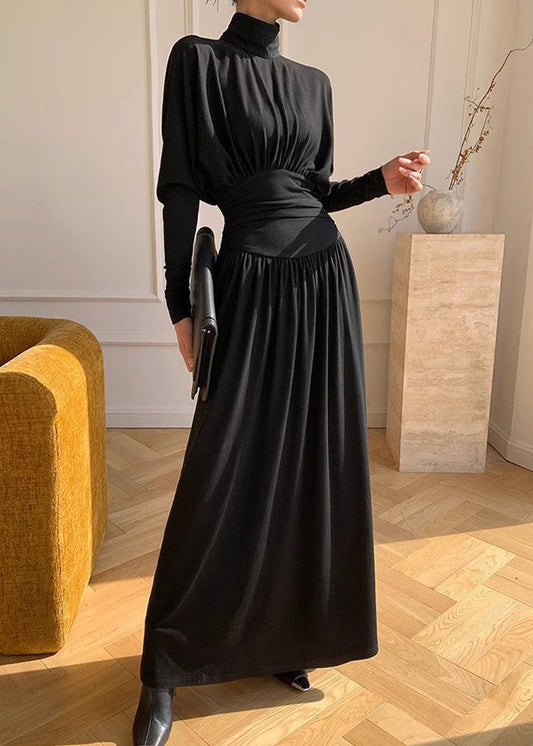 Black Turtleneck Wrinkled High Waist Cotton Maxi Dresses Spring