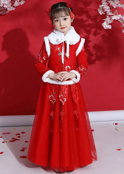 Fine Champagne Peter Pan Collar Warm Fleece Tassel Kids Coats and Tulle Skirts Two Pieces Set Long Sleeve