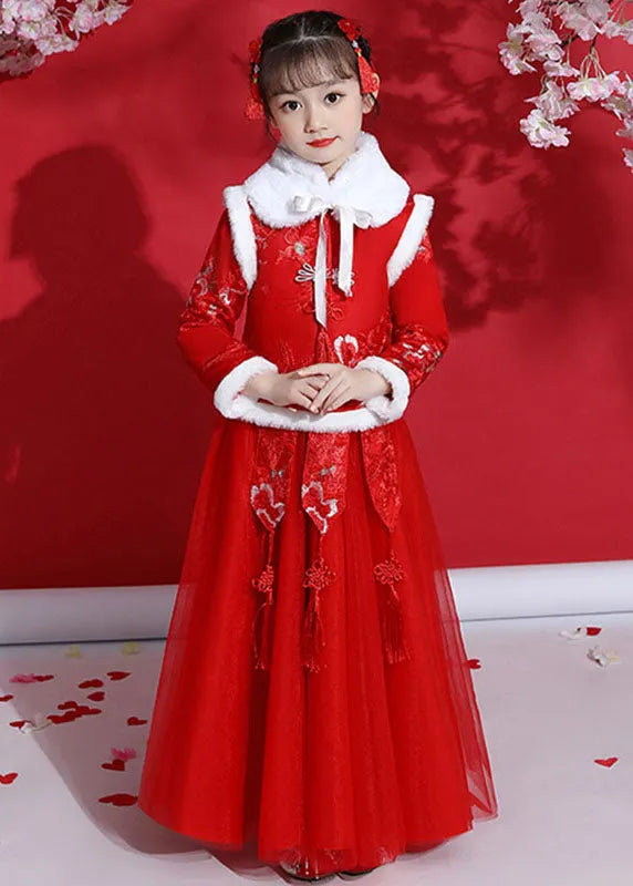 Fine Champagne Peter Pan Collar Warm Fleece Tassel Kids Coats and Tulle Skirts Two Pieces Set Long Sleeve