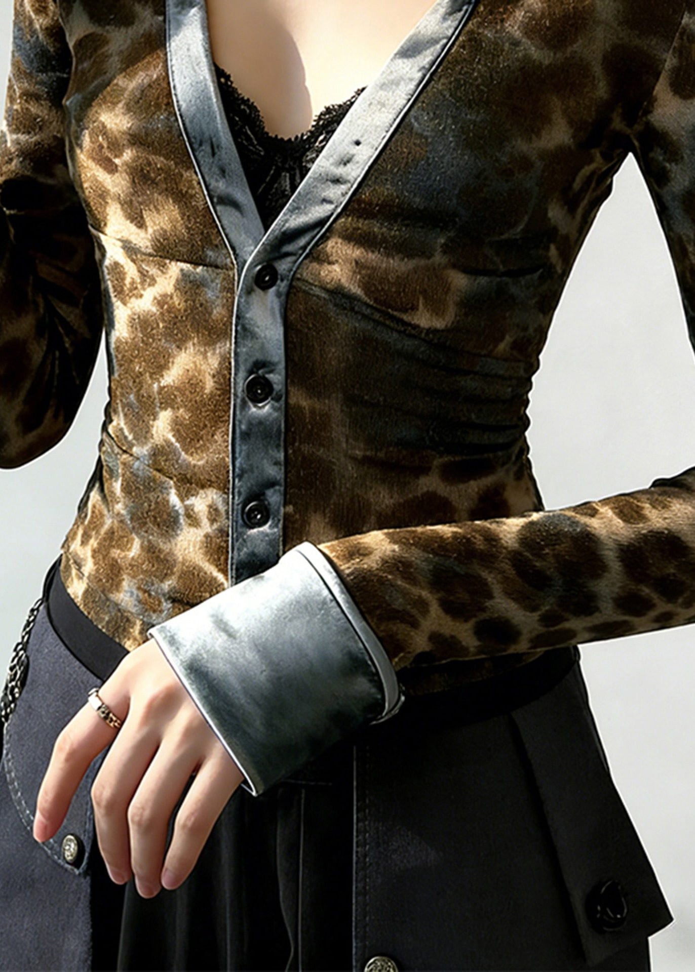 Leopard Print V Neck Patchwork Cotton Blouses Spring