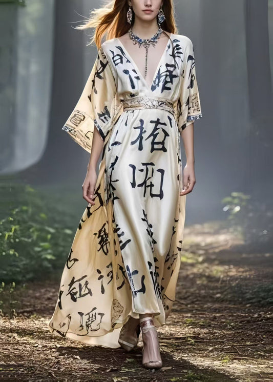 Khaki Cinched Print Silk Maxi Dresses Summer