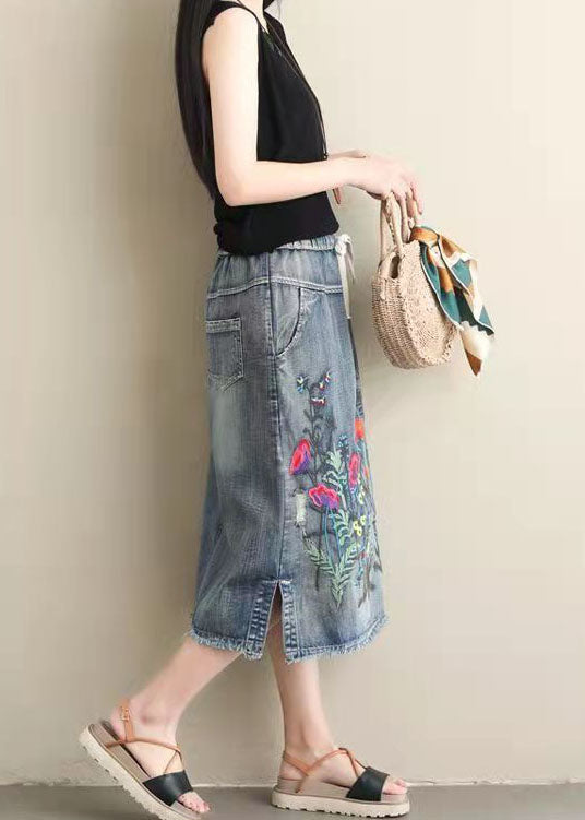 Light Blue Embroideried Pockets A-line Summer Denim Skirts