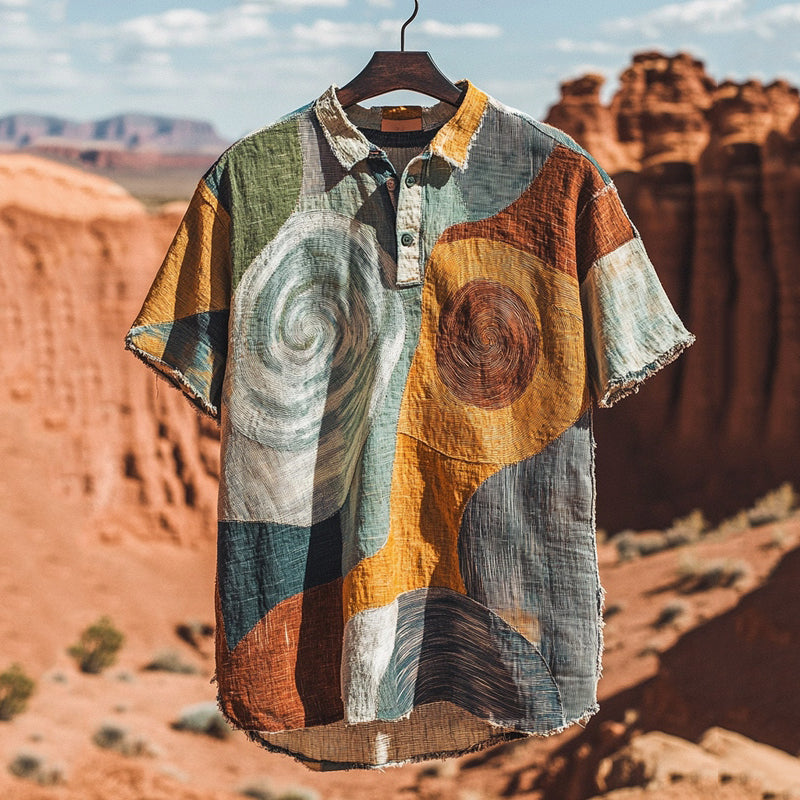 Men's Retro Color Block Patchwork Short-sleeved Linen Shirt elevenforest