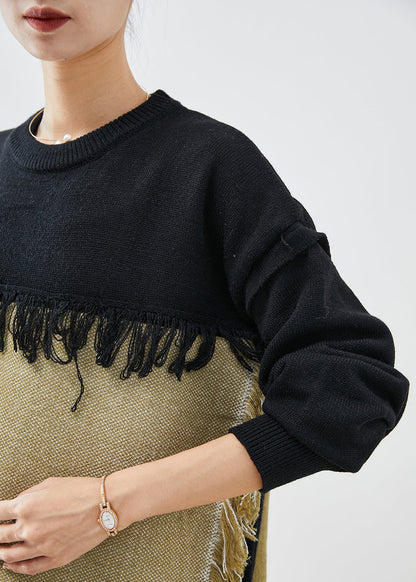 Colorblock Tasseled Patchwork Knitted Tops Fall