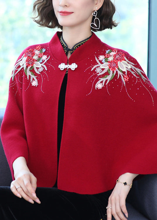 Wine Red Stand Collar Embroidered Patchwork Woolen Coats Fall
