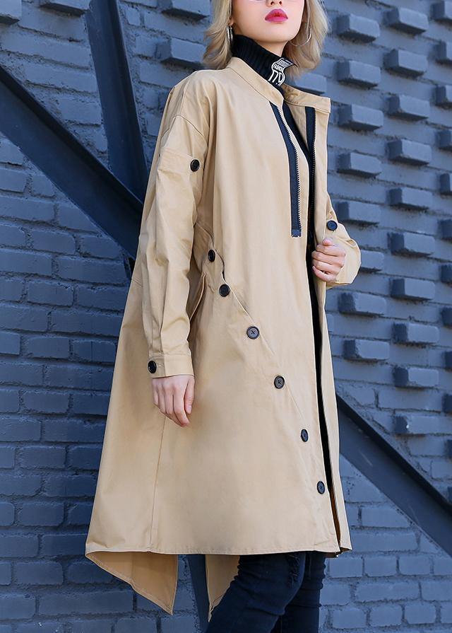 Khaki Coat Medium Length Stand Collar Asymmetric Coat