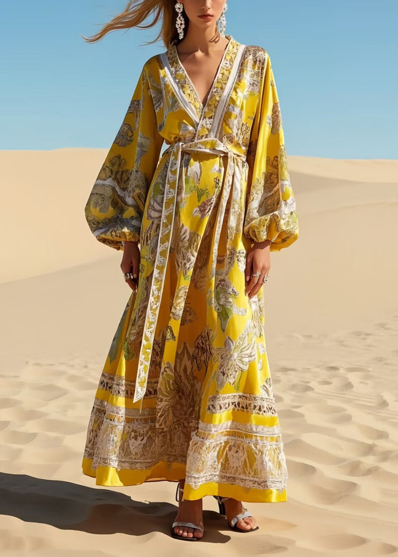 Yellow Tie Waist Print Chiffon Robe Dresses Spring