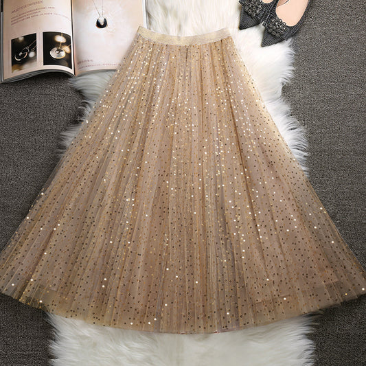 French Khaki Sequins Tulle Elastic Waist Skirts Summer