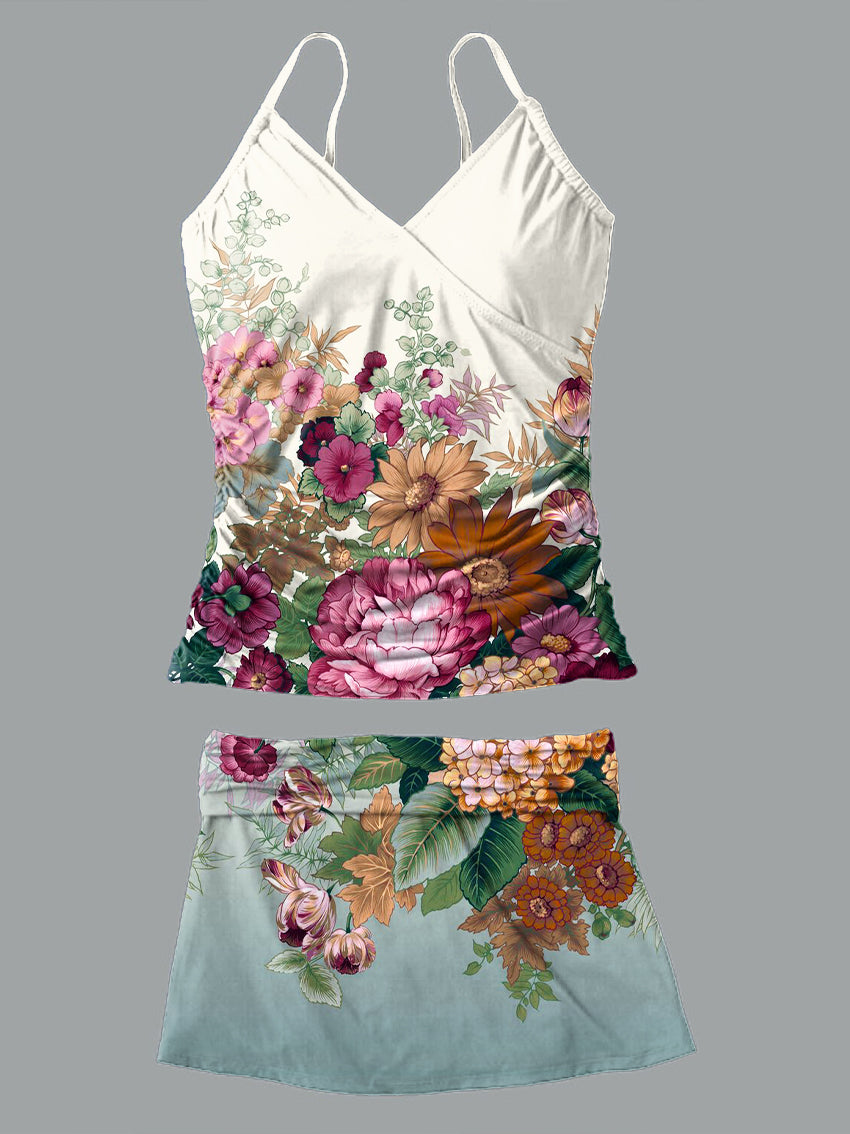 V-Neck Vintage Flowers Print Suspender Skirt Tankini Pantskirt Set Swimsuit