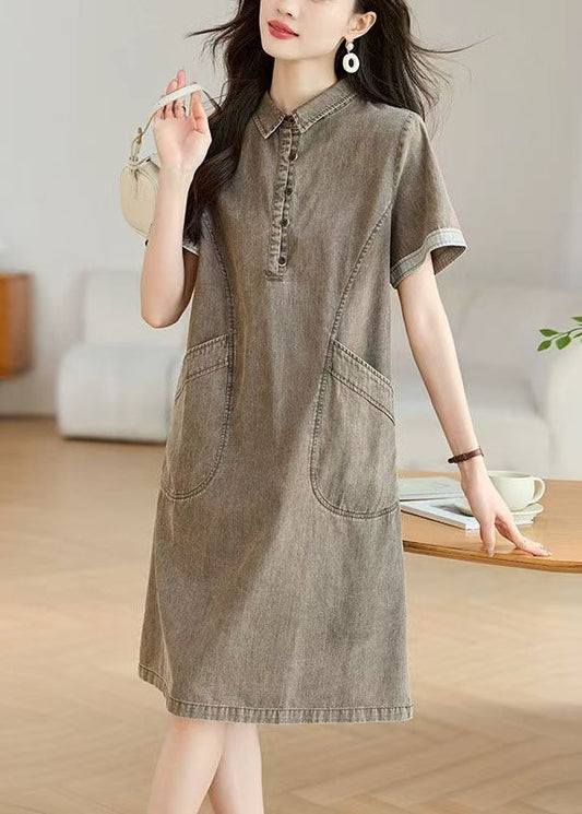 Grey Peter Pan Collar Pockets Denim Day Dresses Summer