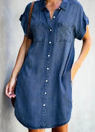 Light Blue Peter Pan Collar Button Denim Mid Shirt Dress Summer