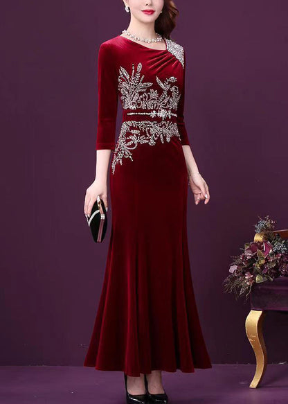 Wine Red Zircon Patchwork Silk Velour Fishtail Skirt Dress Half Sleeve