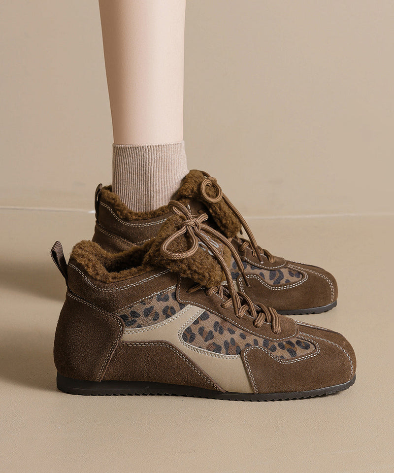 Comfy Splicing Platform Flat Shoes Leopard Suede Lace Up