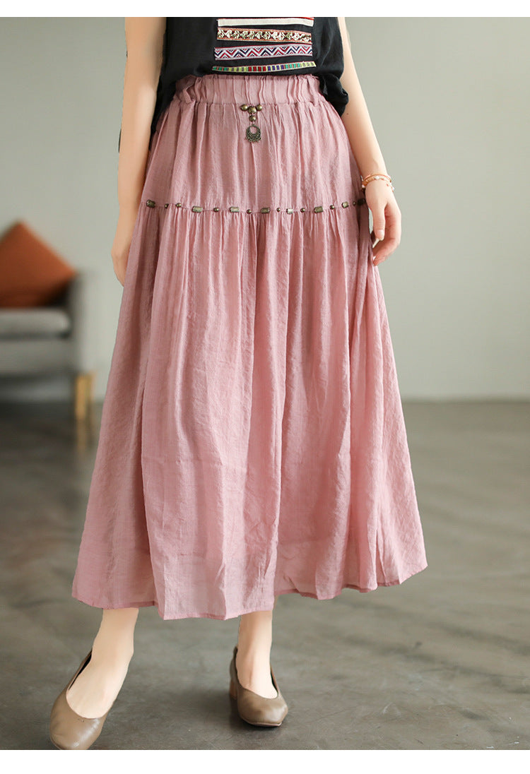 Literary High Waist Double Layer Tencel Linen Stitching Slim Skirt