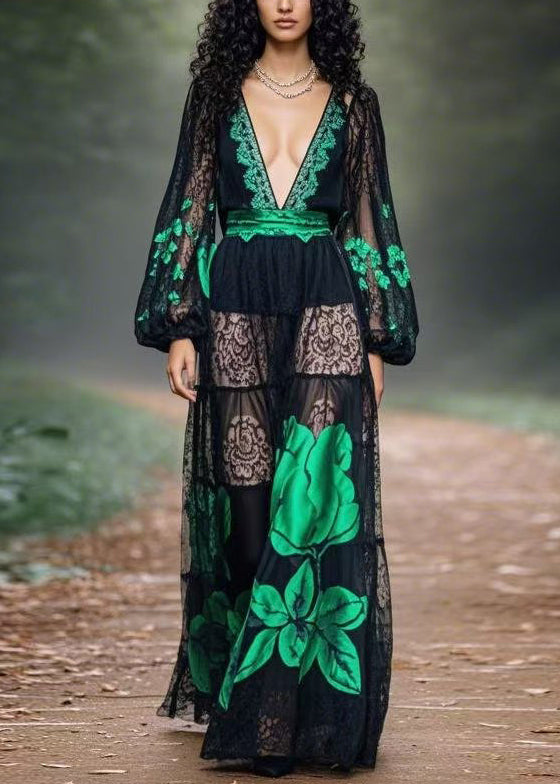 Black Print Original Design Chiffon Long Dress Spring