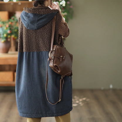 Lamb Wool Panel Denim Mid-length Vest Jacket