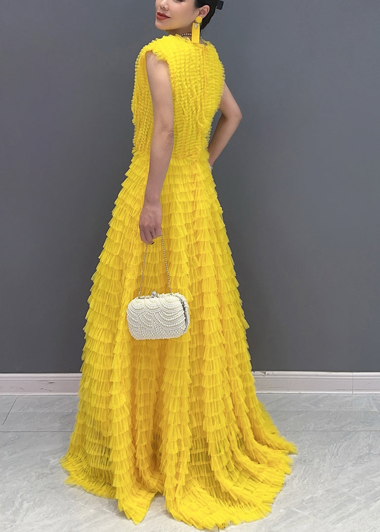 Yellow Wrinkled Vacation Maxi Cake Dresses Summer