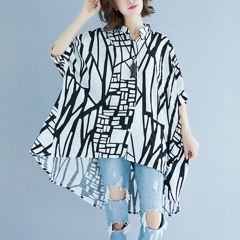 Striped Natural Cotton Linen T Shirt Cardigans Batwing Sleeve Stand Brief T Shirt