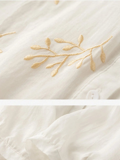 Embroidered 3/4 Sleeve Linen Shirt Top With a Patch Pocket