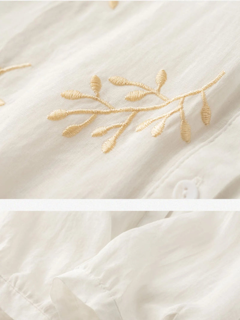 Embroidered 3/4 Sleeve Linen Shirt Top With a Patch Pocket
