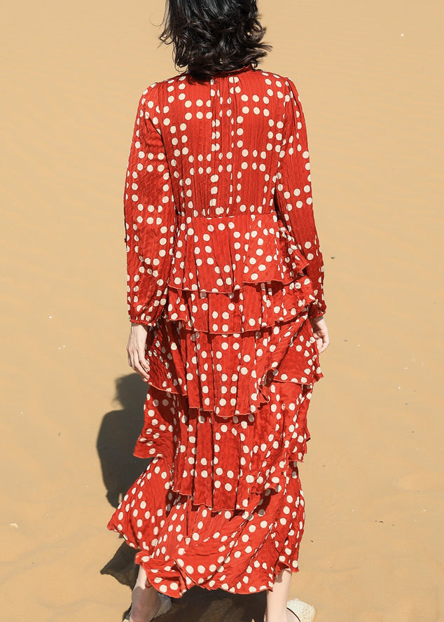Red Ruffled Dot Chiffon Long Dresses Spring