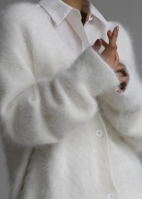 White V Neck Mink Hair Knitted Cardigan Fall