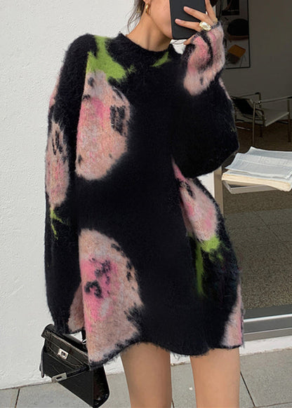 Black O Neck Cozy Cotton Knit Mid Dress Long Sleeve