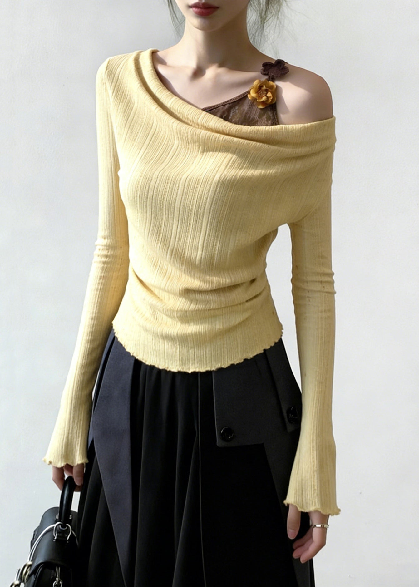 Art Yellow False Two Pieces Patchwork Knitting Cotton T Shirt Flare Sleeve