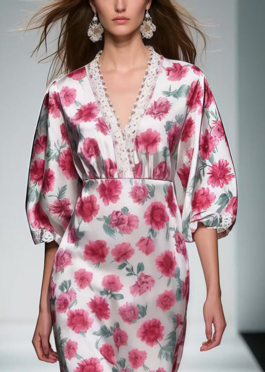 Pink Patchwork Lace Silk Mid Dress Summer