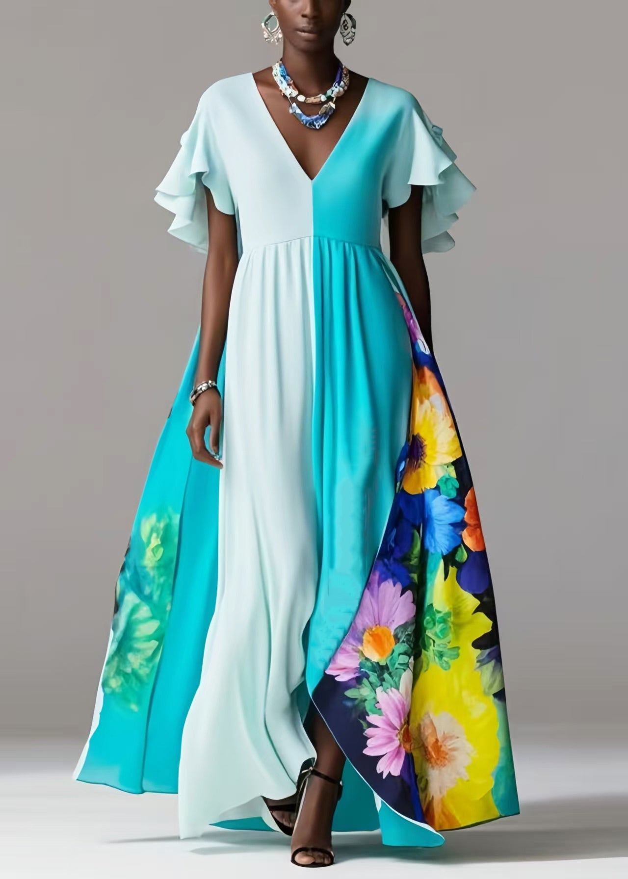 Blue Exra Large Hem Patchwork Silk Vestidos Dress Petal Sleeve