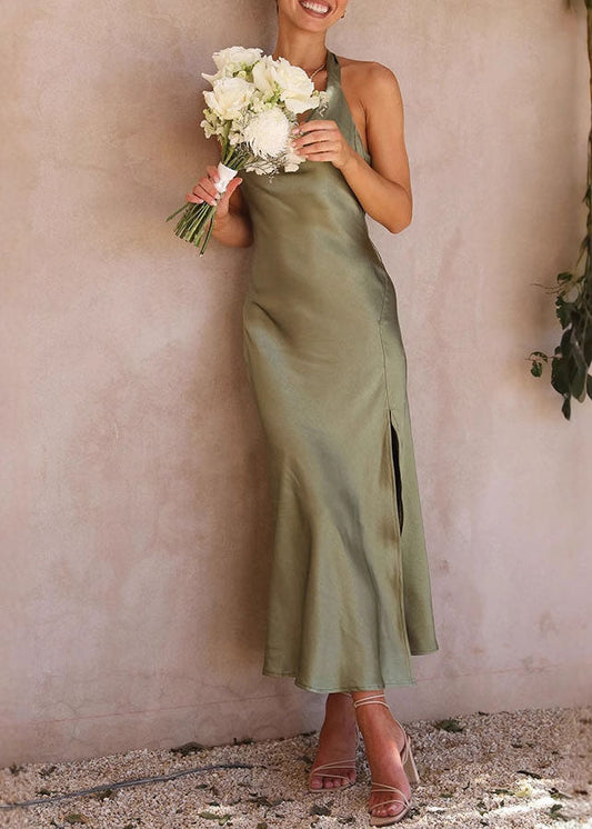 French Green Backless Side Open Silk Dress Summer